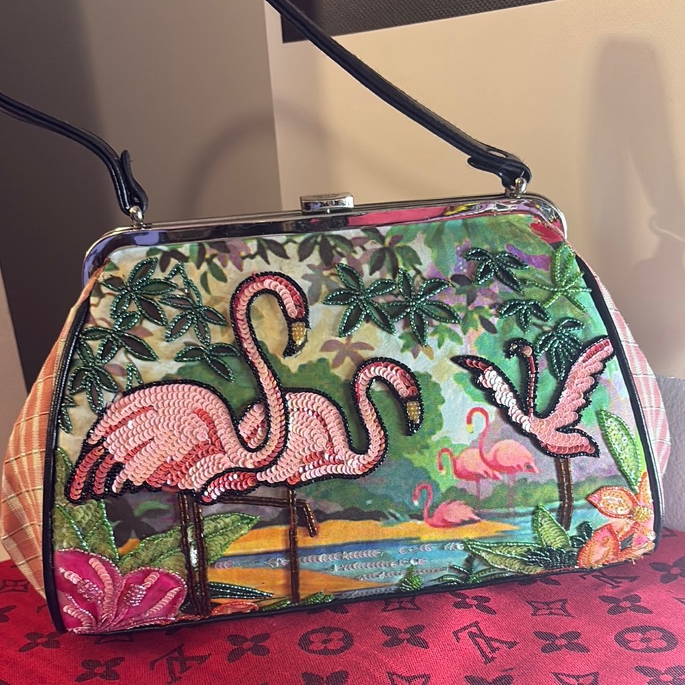 Isabella Fiore Pink & Green Flamingo Embroidered Shoulder Bag